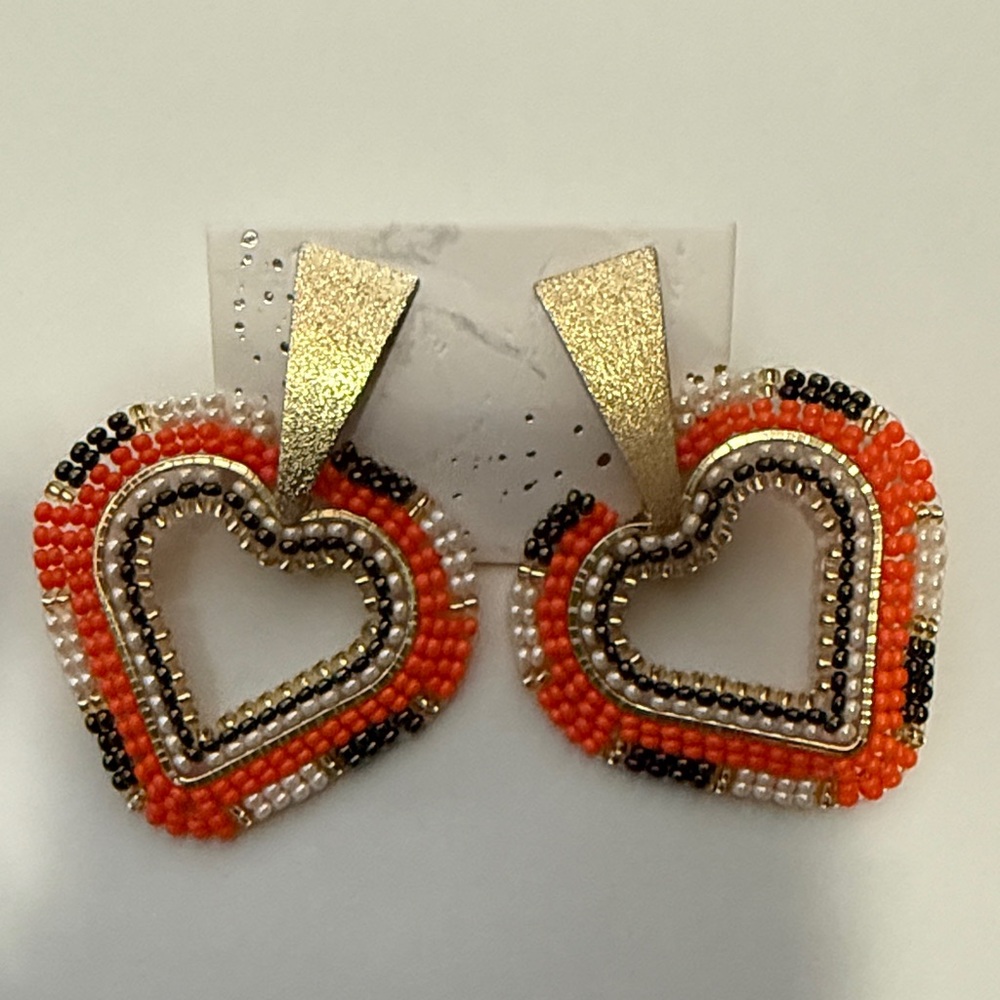 Gold and Orange Beaded Heart Earrings